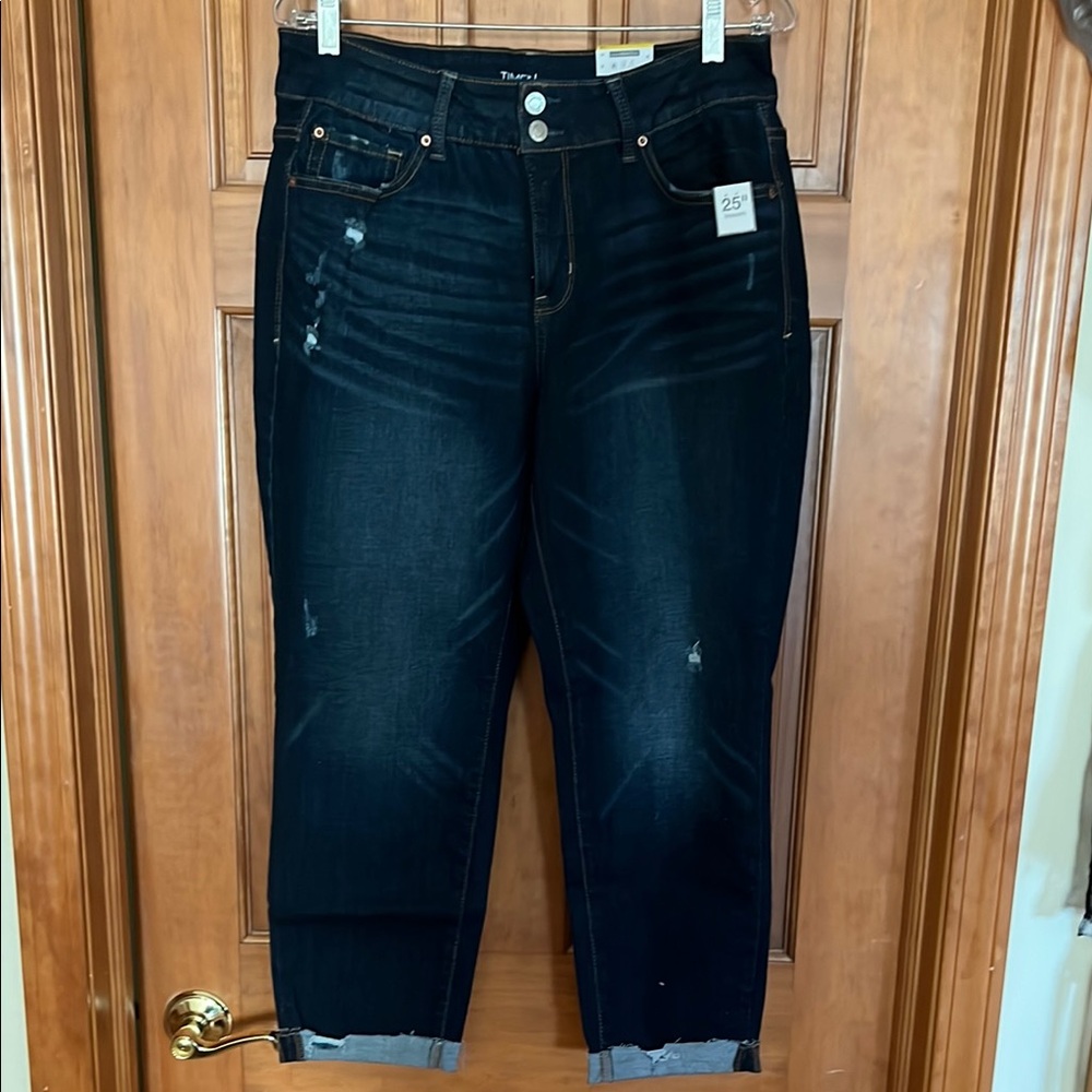 Time and Tru Dark Blue Ankle Cropped Jeans with Distressed Details NWT